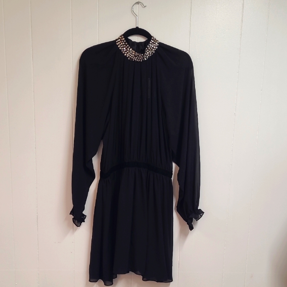 ASOS Little Black Dress w/ Sequin and Pearl Neckline Sheer Sleeves Sz 12